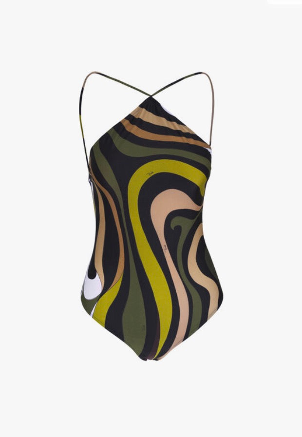 EMILIO PUCCI: Marmo Olive Criss-Cross One Piece Swimsuit