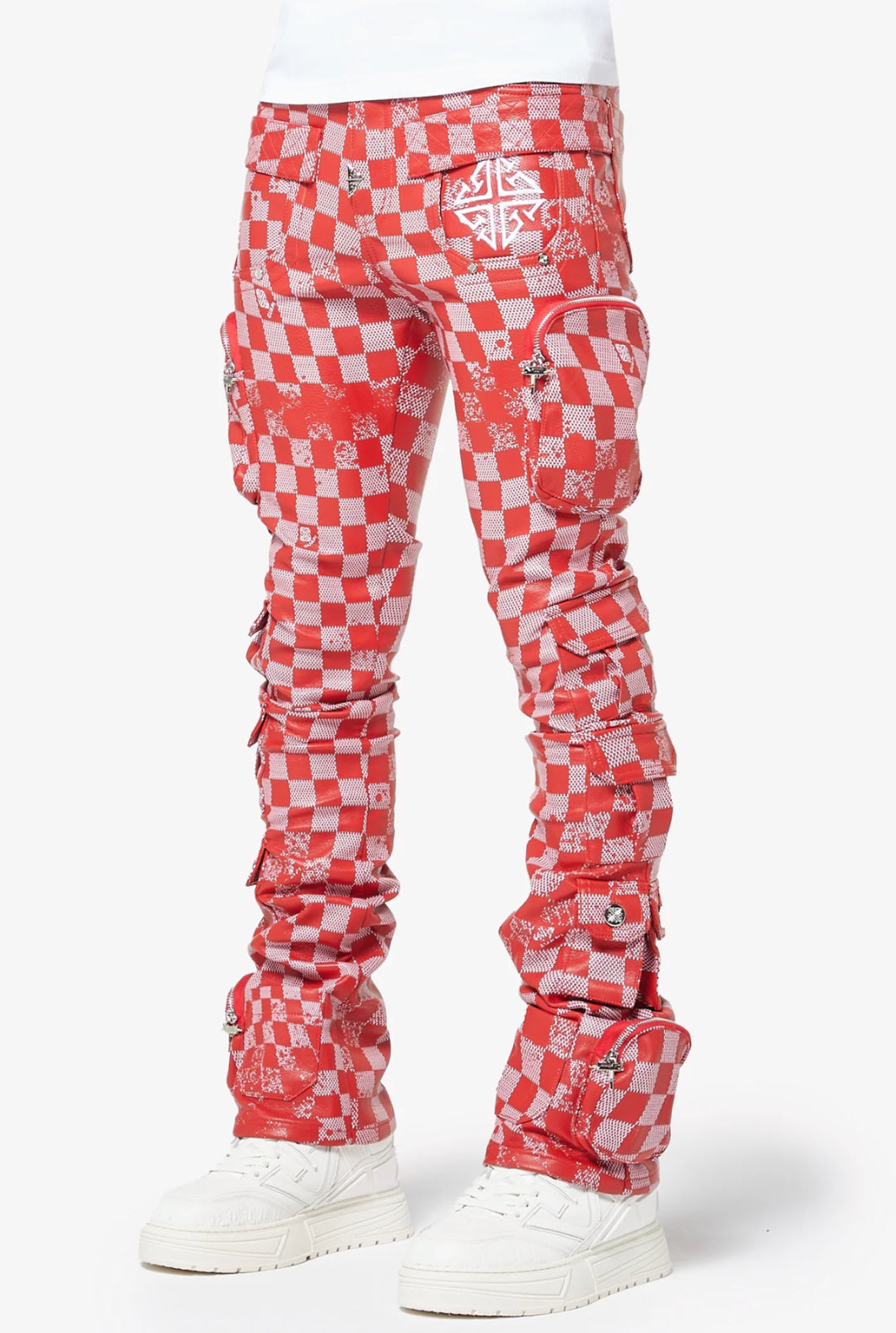GUAPI: Blood Red Checkerboard Leather Pants