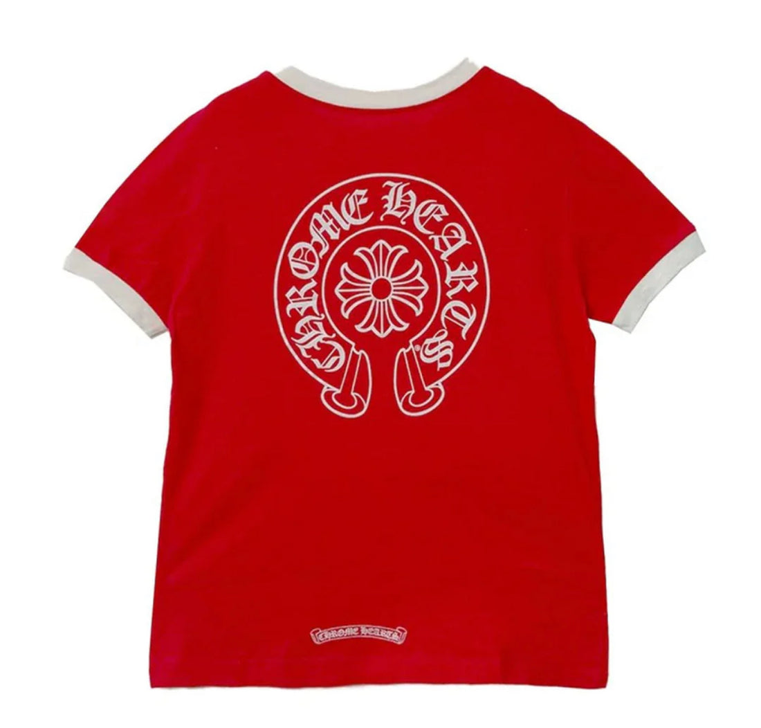 Chrome Hearts: Ringer Horseshoe Scroll Logo Short Sleeve Tee Shirt Red White