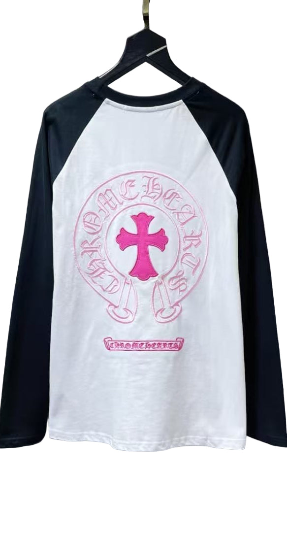 CHROME HEARTS: LONG SLEEVE T SHIRT BLACK/WHITE & PINK EMBROIDERY