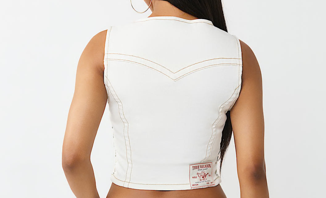 TRUE RELIGION: Lace-Up Denim Top Winter White