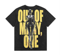 A black graphic t-shirt with the text "OUT OF MANY, ONE" and a robotic figure printed on the back in yellow and black.