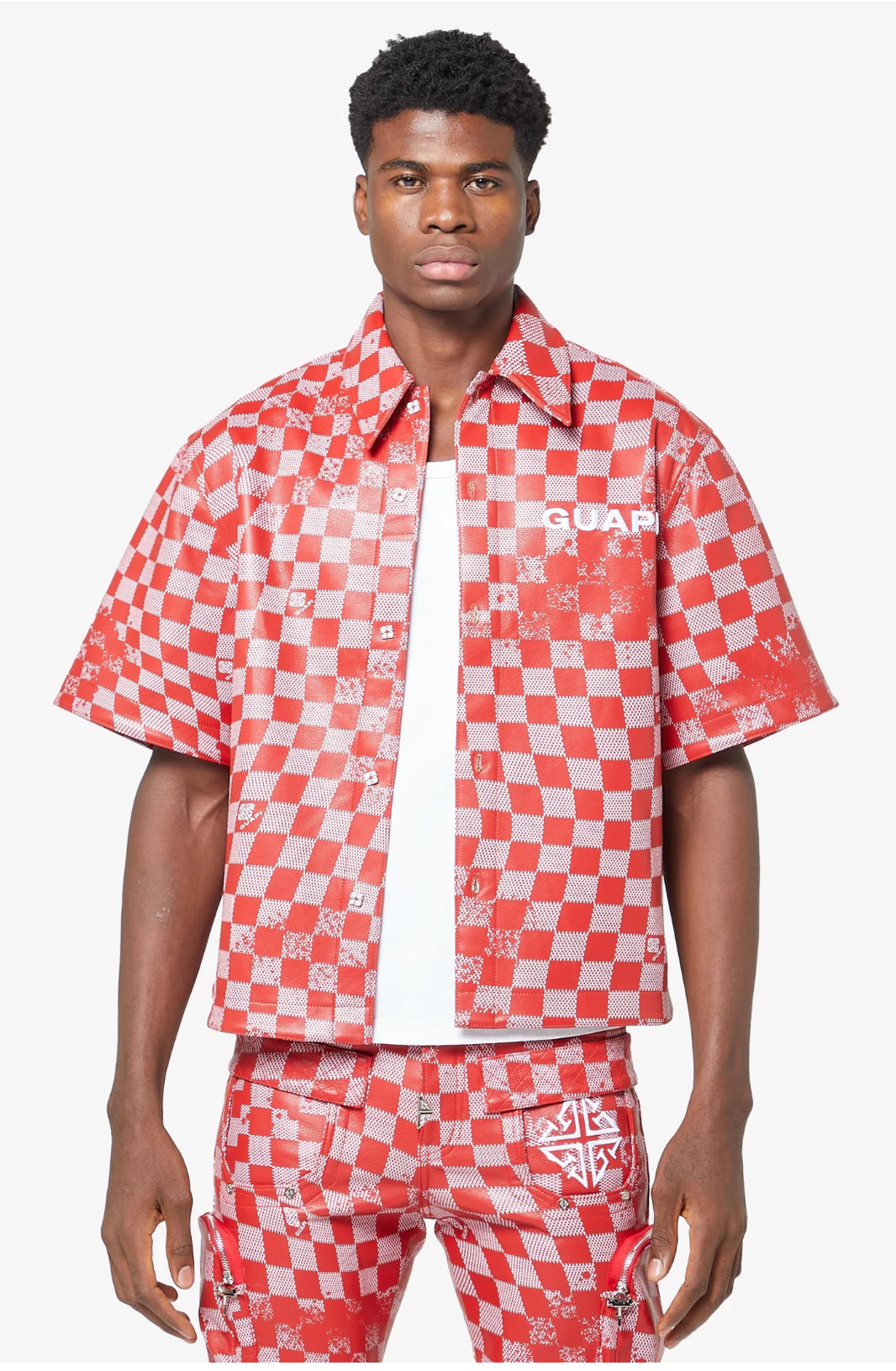 GUAPI: Red Blood Checkerboard Leather Shirt