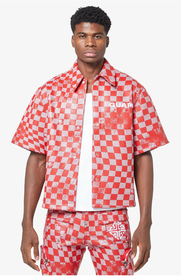 GUAPI: Red Blood Checkerboard Leather Shirt
