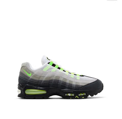Side view of Nike Air Max 95 sneaker with gradient gray shades, black sole, neon green air unit, and white mesh upper.