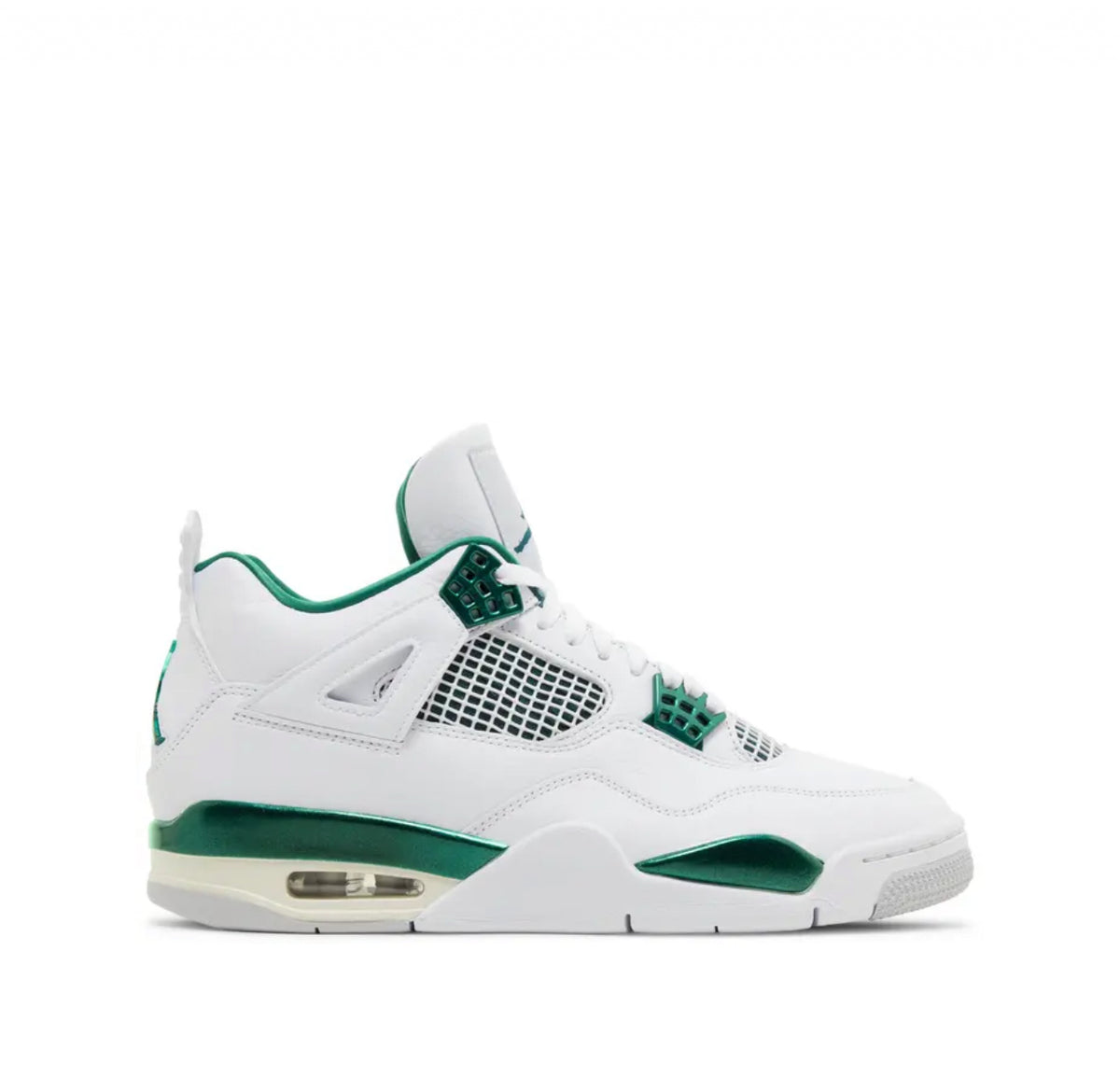 White and green Air Jordan 4 sneaker with mesh panels, green detailing, and a visible air bubble in the heel.