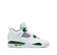 White and green Air Jordan 4 sneaker with mesh panels, green detailing, and a visible air bubble in the heel.