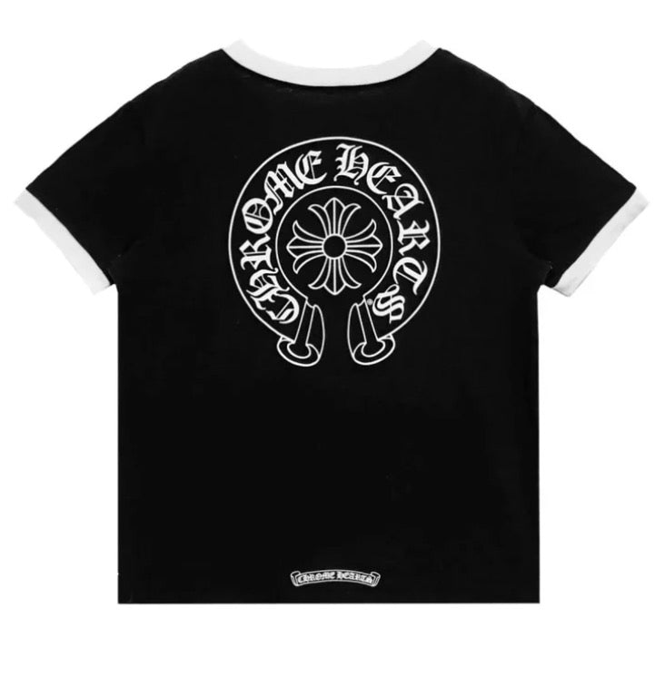 Chrome Heart: Black Ringer Horseshoe Scroll Logo Short Sleeve Tee