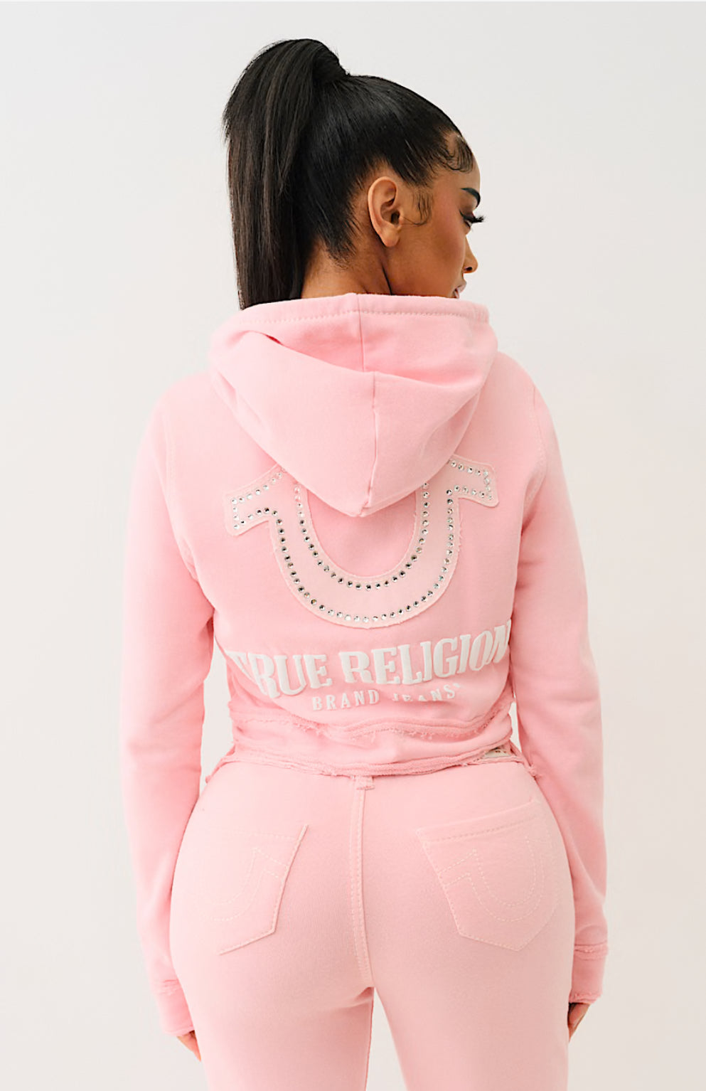TRUE RELIGION: Candy Pink Raw Edge Big T Cropped Jogger Set