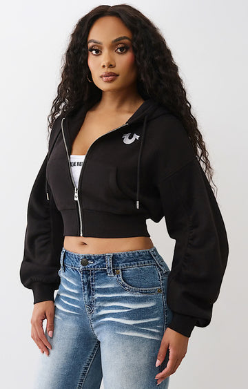 TRUE RELIGION: Buddha Ruched  Sleeve Zip Up