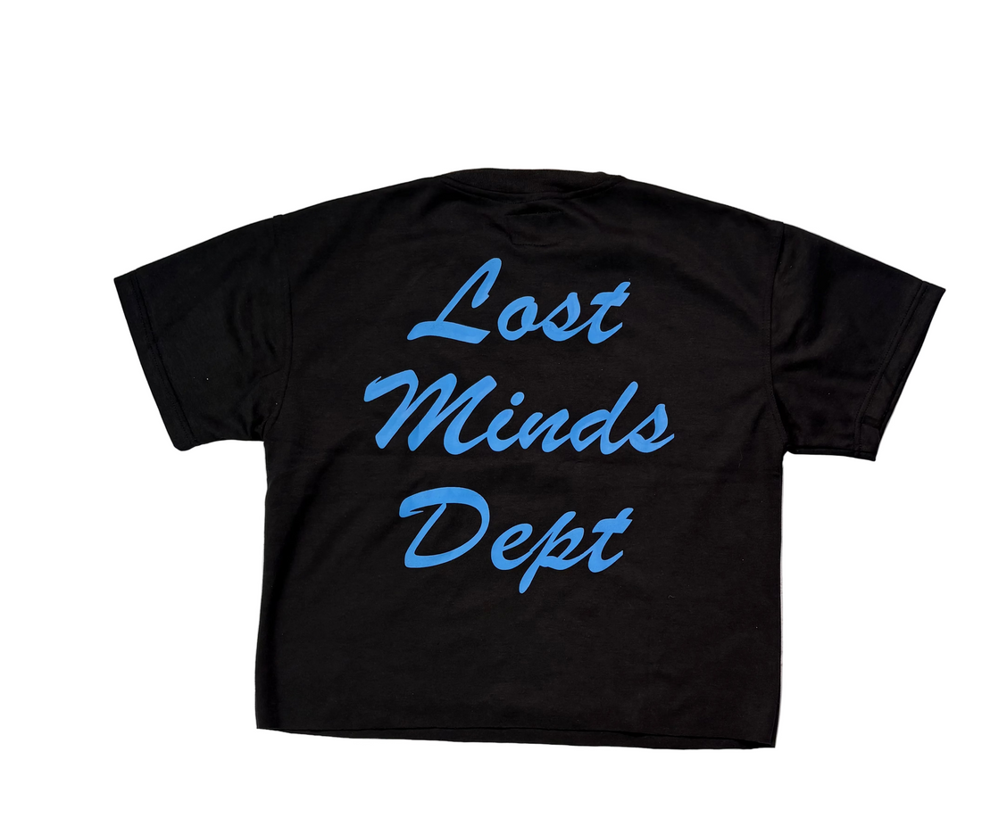 LOST MINDS: Black/Blue Clown Crop Tee