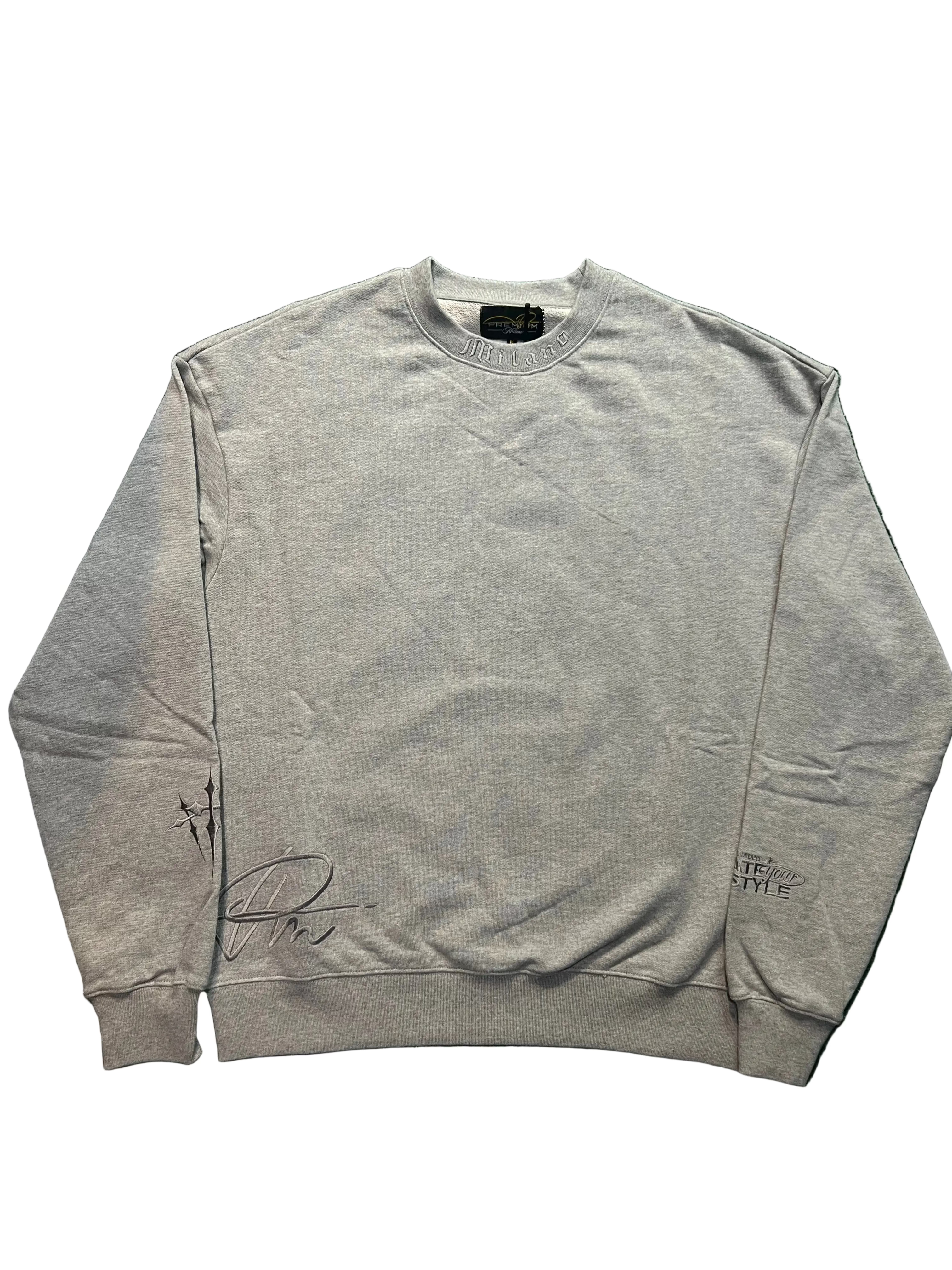 PREMIUM MILANO: GRAY SCRIPT TONAL CREWNECK