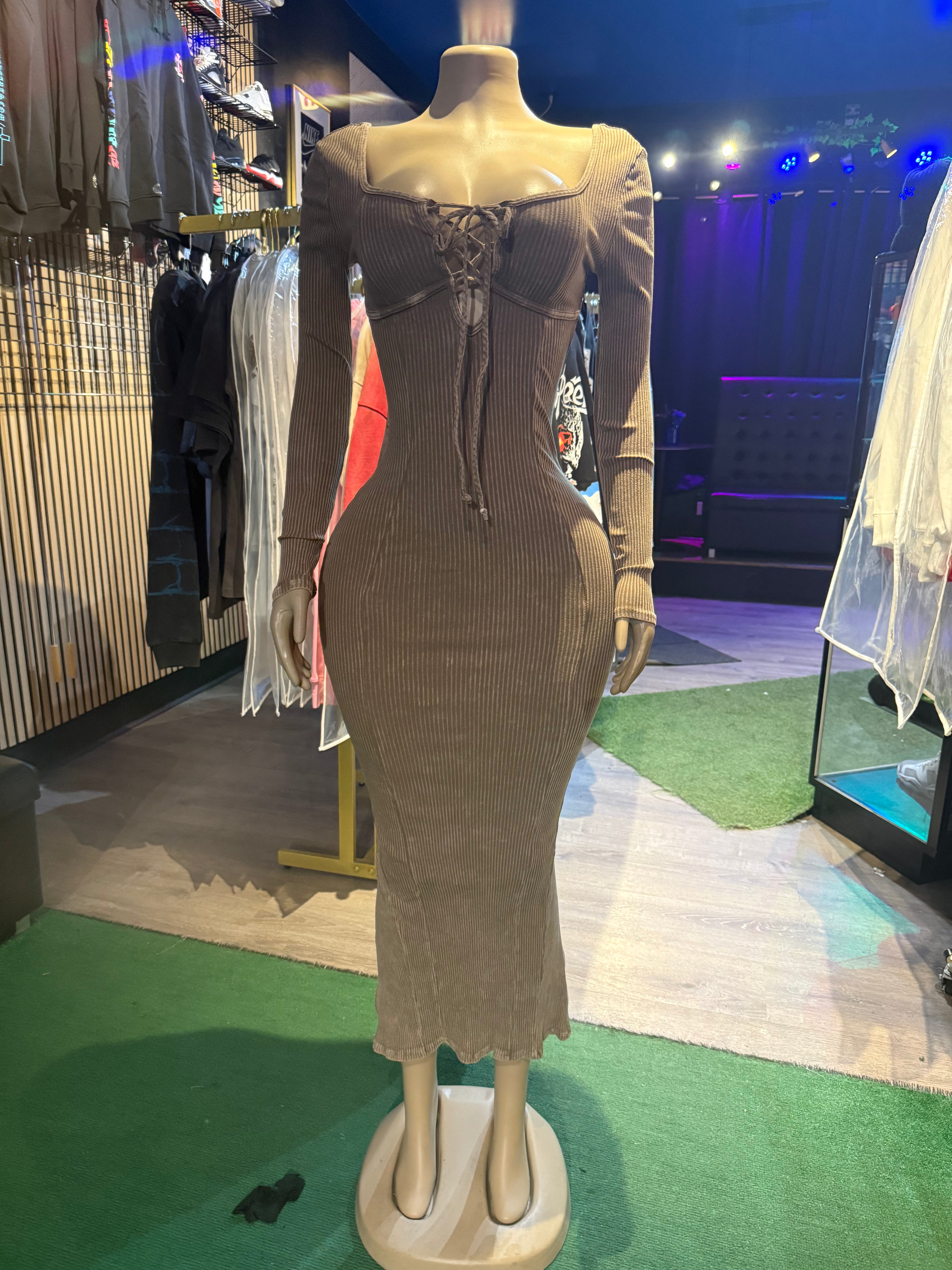 BEIGE TIE UP MAXI DRESS