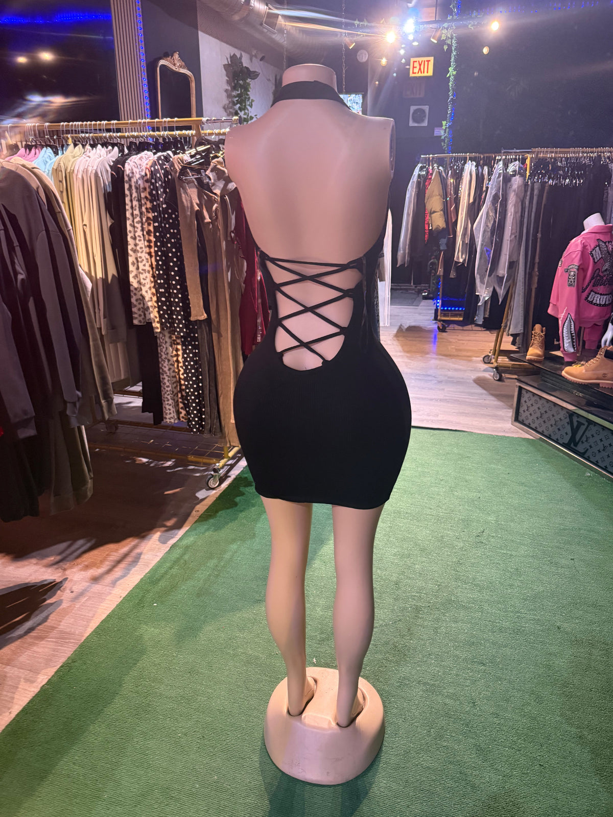 BLACK LACE UP HALTER MINI DRESS