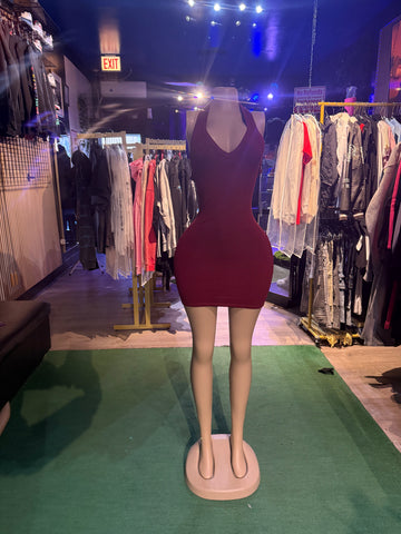 BURGUNDY LACE UP HALTER MINI DRESS