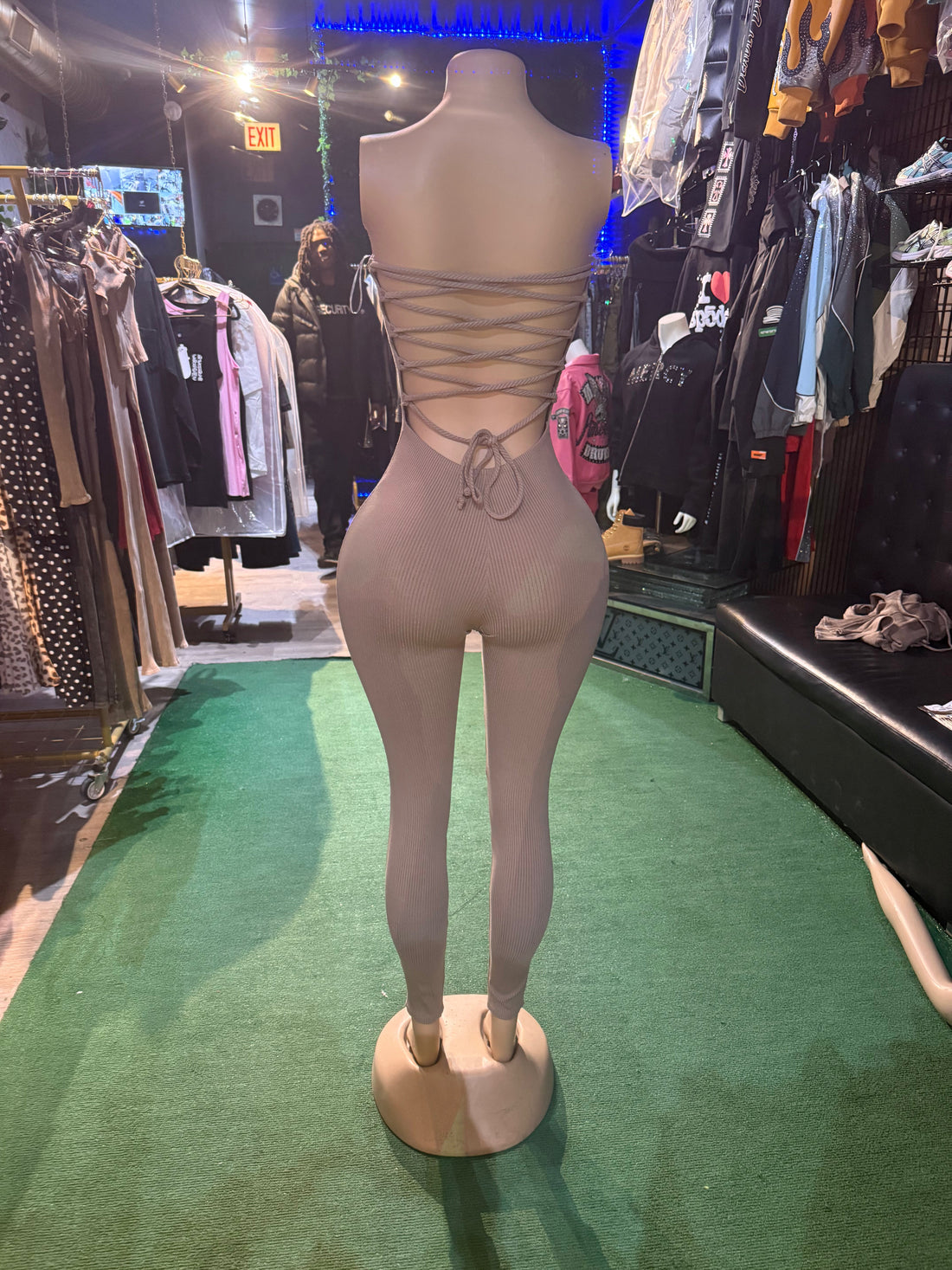 BEIGE TUBE TOP LACE UP JUMPSUIT