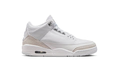 A white Air Jordan 3 sneaker featuring leather and textured material with a visible air cushioning unit on the sole.