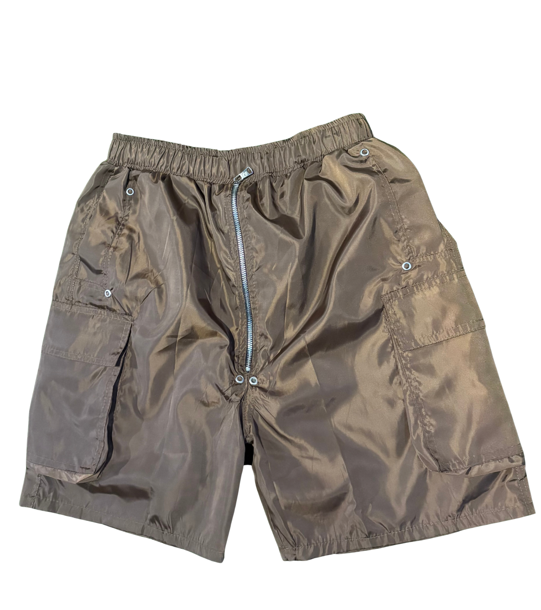 Brown nylon cargo shorts with elastic waistband, zipper fly, two side flap pockets, and metal rivet details, isolated on white.