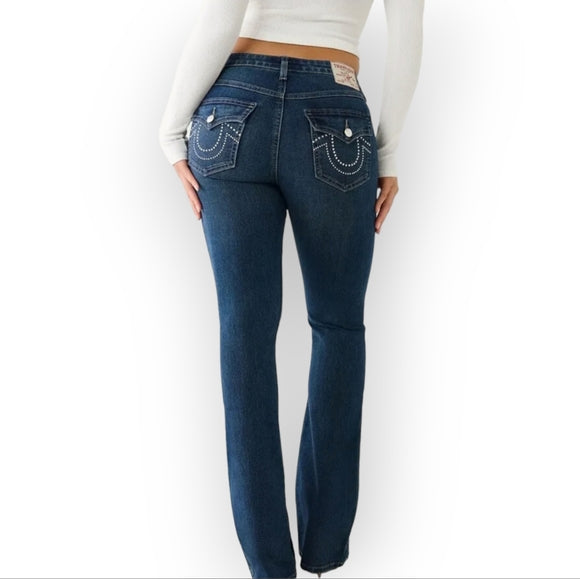 TRUE RELIGION: DARK GLACIAL BECCA SN CRYSTAL FLAP BOOTCUT JEANS