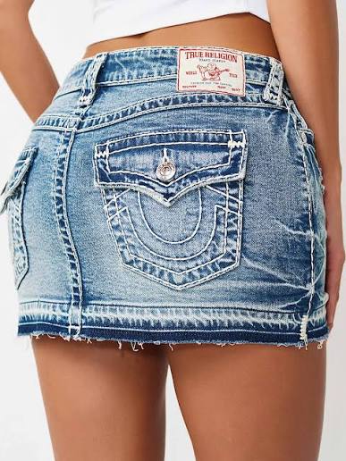 TRUE RELIGION: SADIE MINI SKIRT FLAP SUPER T SUNDOWN BABE DESTROYED