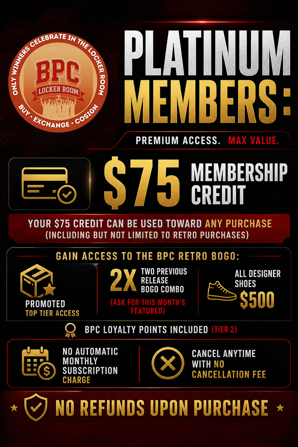 A luxury promotional graphic highlighting Platinum Membership benefits, featured at the online BPC Looker Room.