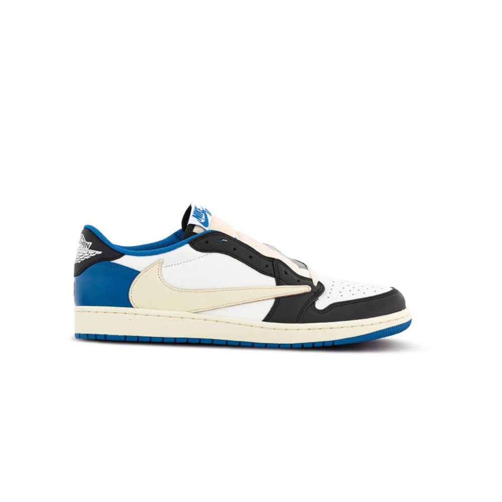 White, black, and blue Nike Air Jordan 1 low-top sneaker with cream swoosh, perforated toe, and iconic logo on heel and tongue.