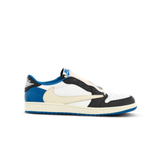 White, black, and blue Nike Air Jordan 1 low-top sneaker with cream swoosh, perforated toe, and iconic logo on heel and tongue.